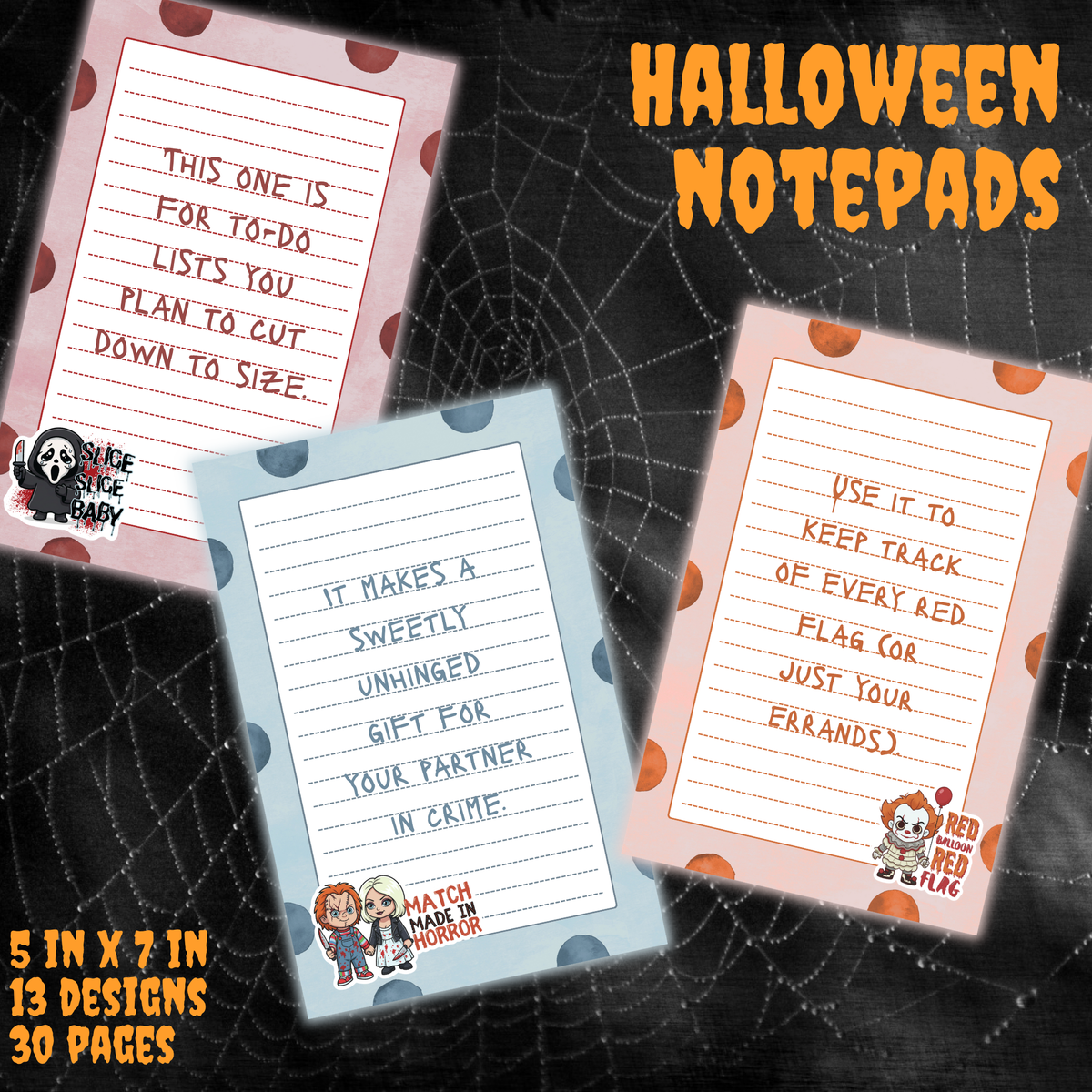 Cute Horror Characters | Lined Notepad | 5 x 7 in | 13 Designs
